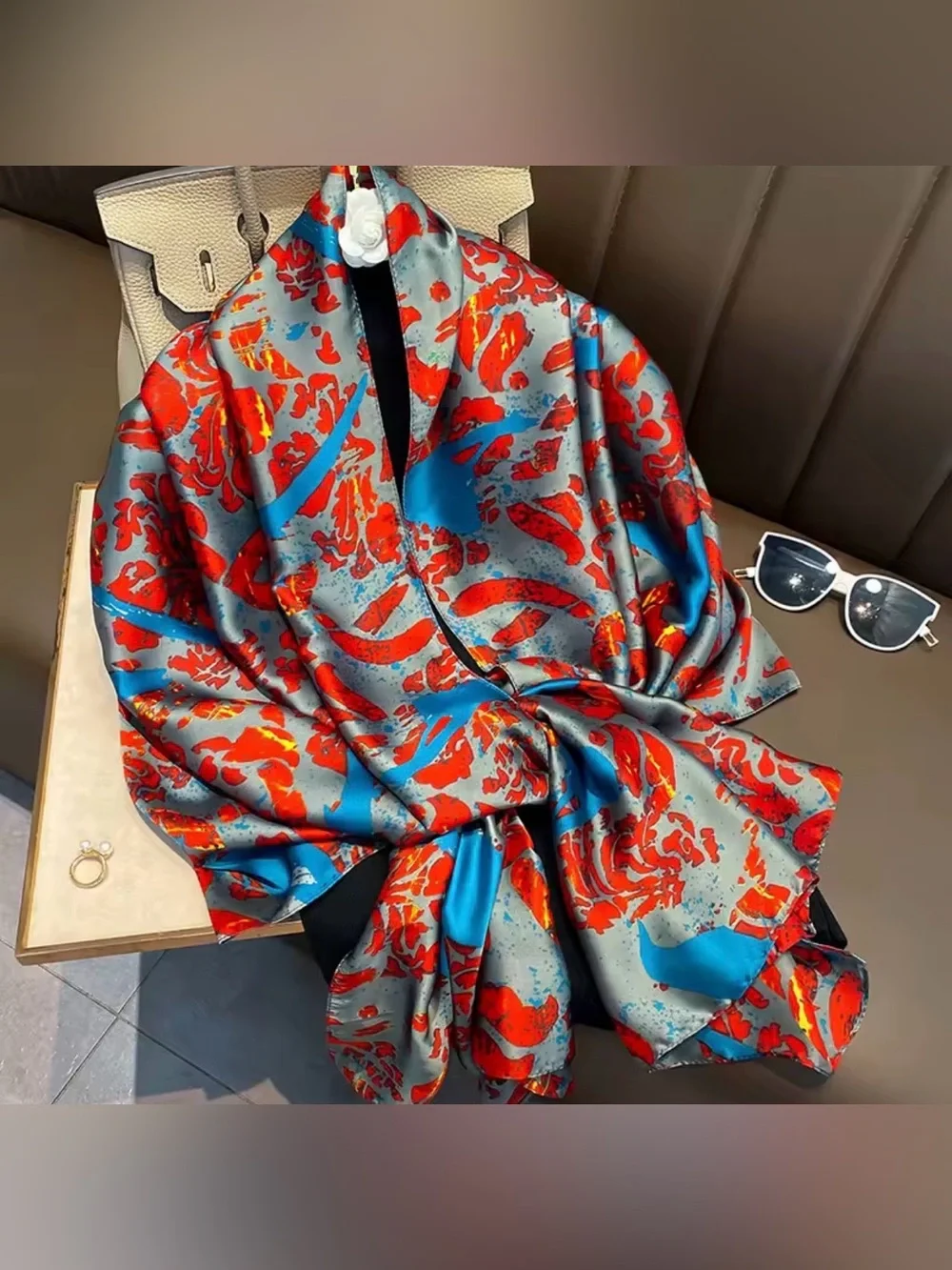 Vibrant Red & Turquoise Abstract Polyester Feel Like Silk Satin Scarf
